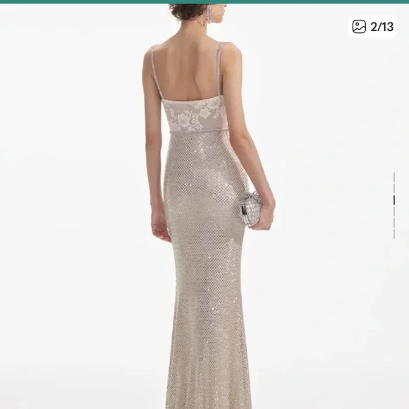 Self Portrait cream rhinestone mesh maxi dress elegant cocktail ethereal US 12 - Picture 12 of 16